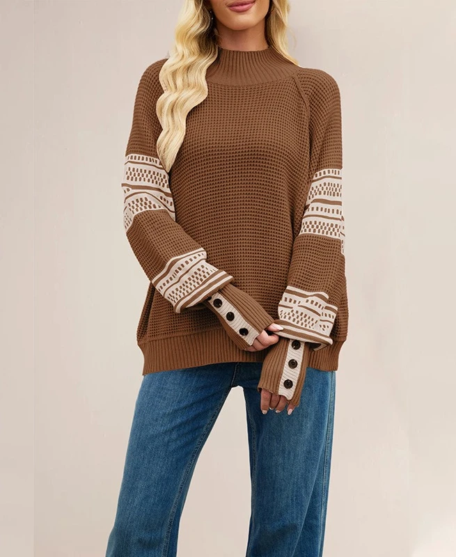 

2025 New Autumn and Winter Women's Clothing Hot-selling Knitted Color-blocked Semi-turtleneck Fashion Pullover Sweater