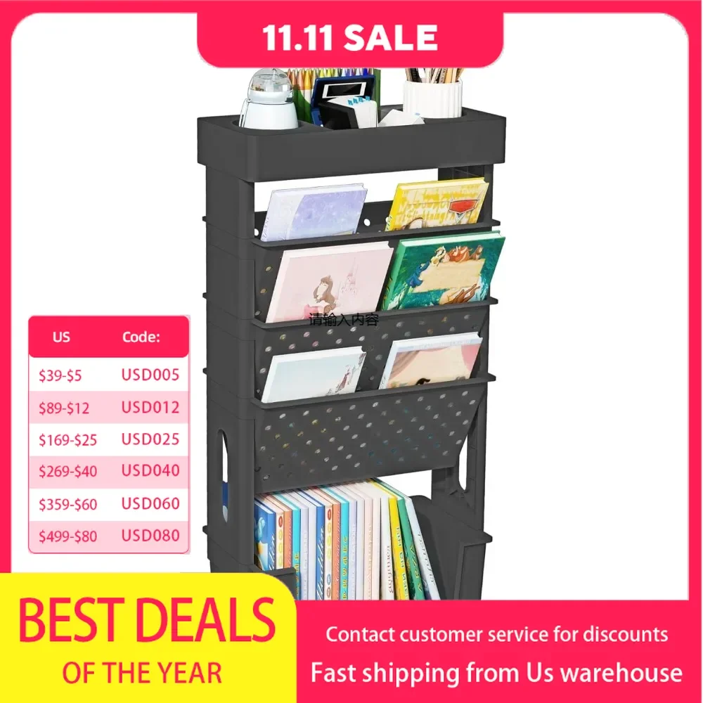 5 Tier Rolling Tool Cart Multifunctional Movable Storage Bookshelf with Lockable Casters for Learning Office Kitchen Classroom