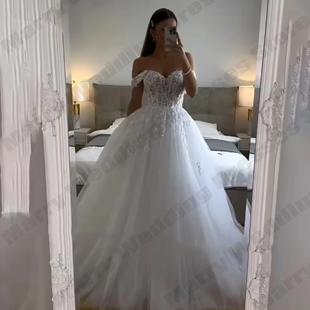 

2026 Glitter Women's Bridal Gowns Sexy Off Shoulder Lace Stickers Princess A-line Wedding Dresses Customized vestidos mujer Robe
