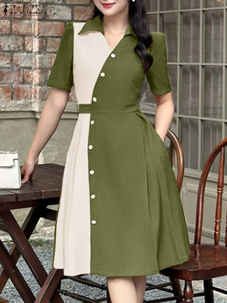 2025 Summer Dress ZANZEA Stylish Women Patchwork Dresses Elegant Lapel Neck Short Sleeve Pleated Sundress Casual Work Vestidos