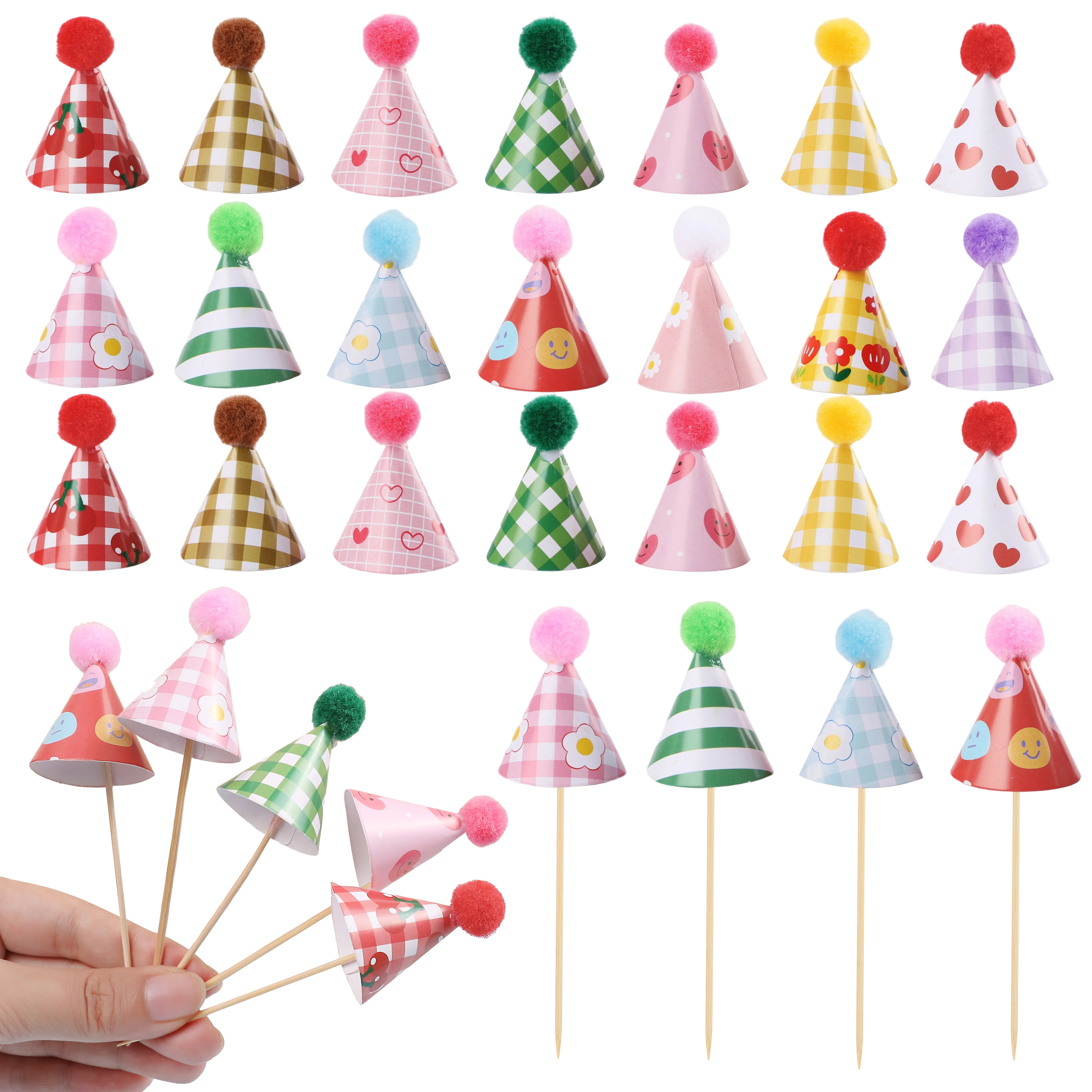 15/30Pcs Mini Party Hats Cake Toppers Colorful Pom Pom Cone Cupcake Toppers Cute Birthday Cake DIY Decoration For Party Supplies