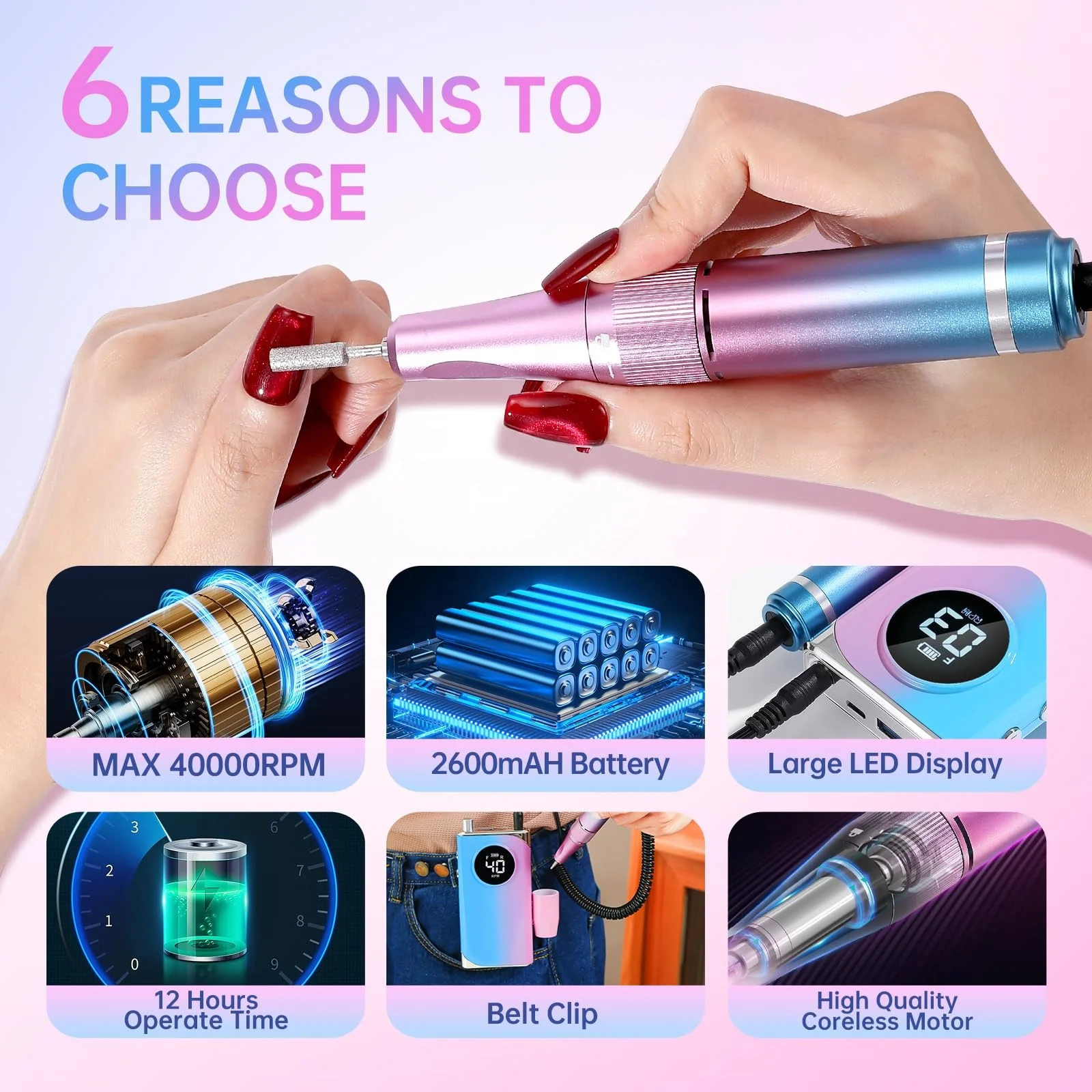 Wholesales 40000 RPM  Professional Colorful Nail File Machine  Mini Nail Drill for Acrylic Nails