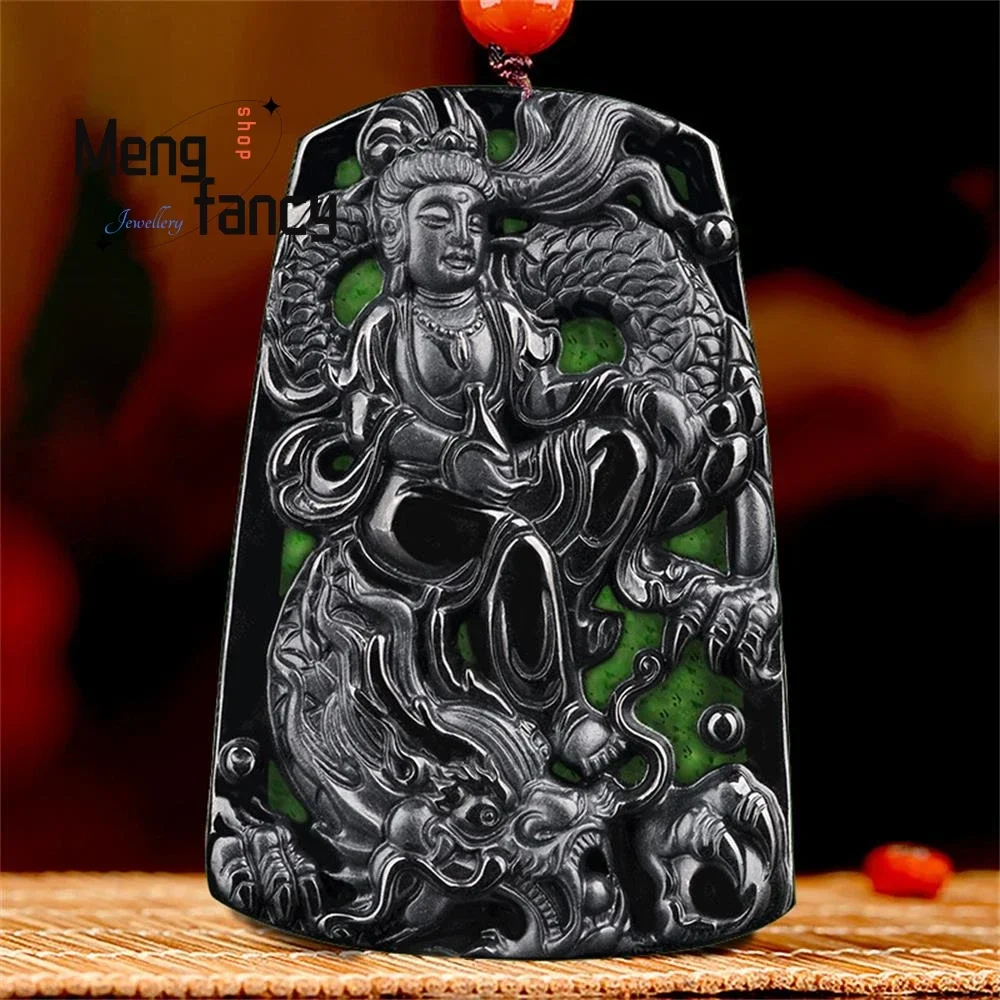 

Подлинные натуральные А-товары Jadeite Ink Cui Riding Dragon Guanyin Кулон Изысканные буддийские амулеты Роскошные качественные модные ювелирные изделия