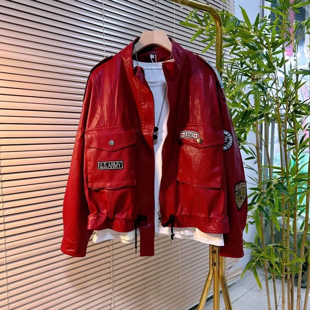 

Spring and Autumn New Women's Jacket Loose Commuter Splicing Strap Oversized PU Leather Jacket