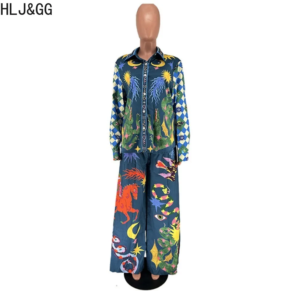 HLJ&GG Casual Pattern Print Wide Leg Pants Two Piece Sets For Women Button Short Sleeve Top And Pants Outfits Female Clothing