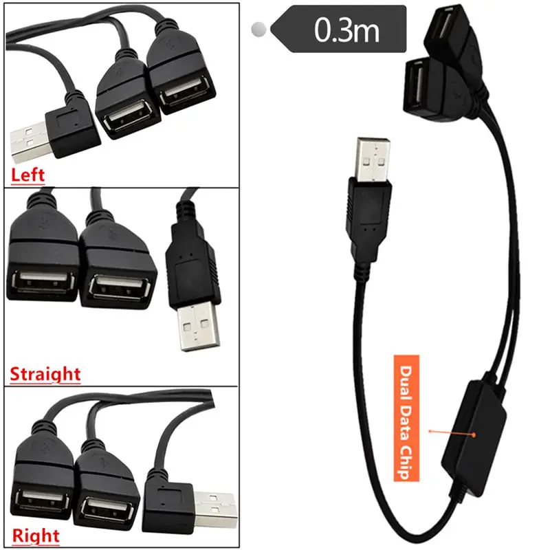 30cm USB 2.0 A Male to 2 * USB A Female Y-shaped Hub Cable with Chip for Simultaneous Data Transmission, USB 1/2 Charging Cable