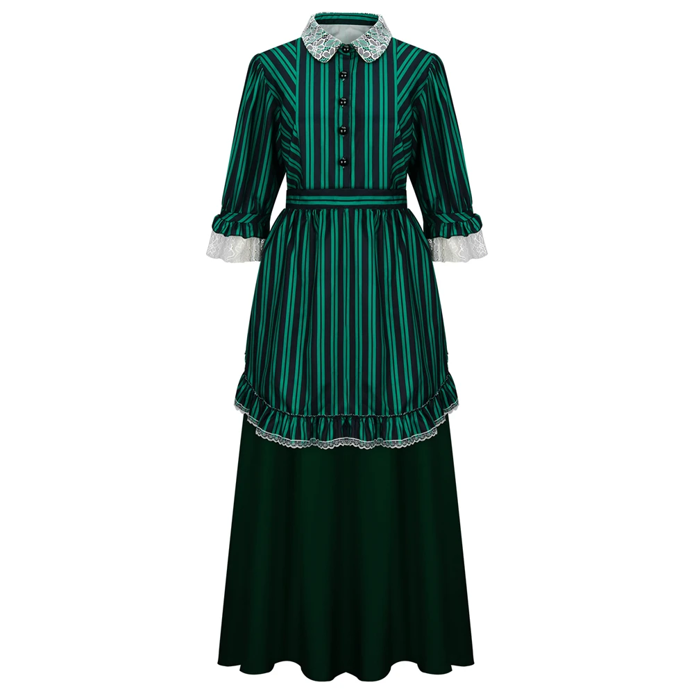 Disfraz de mansión encantada de película para mujer, traje de Cosplay de sirvienta de casa, delantal verde, falda, sombreros, trajes de fiesta de Halloween de miedo