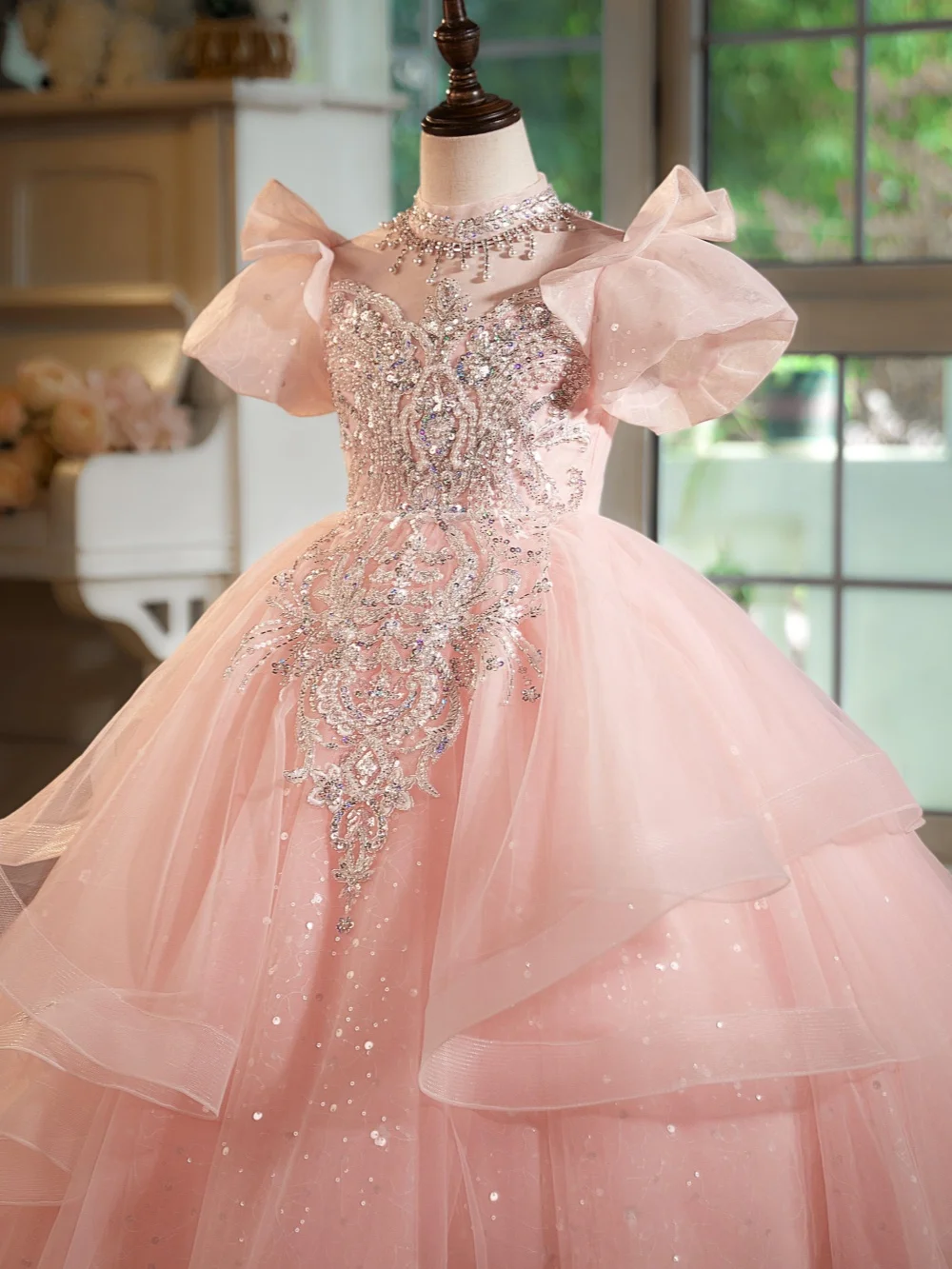 Txjojn New Kids Luxury Beaded Princess Gown Stage Performance Wear Pink Shimmering lace High Collar Girls Dresses For Birthday
