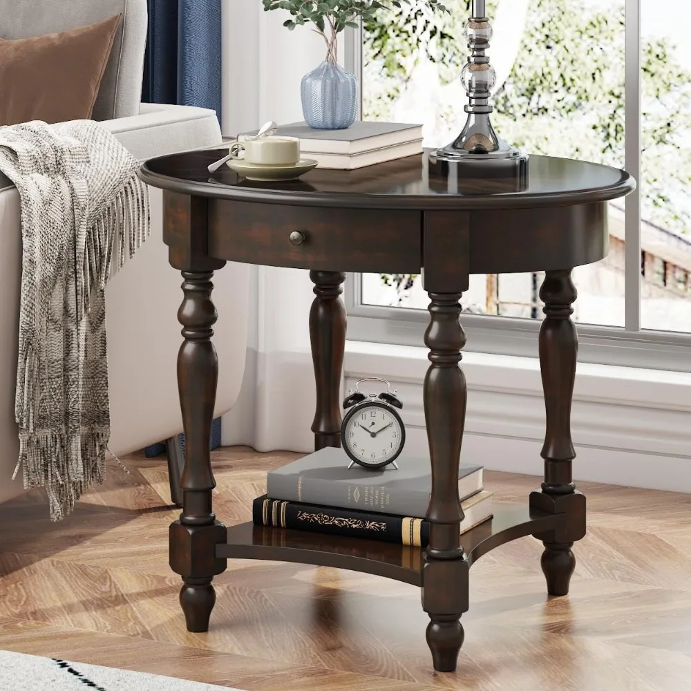 

Oval Round End Table With Drawer, 2-tier Solid Wood End Tables, Victorian Antique Nightstand Bedside Table