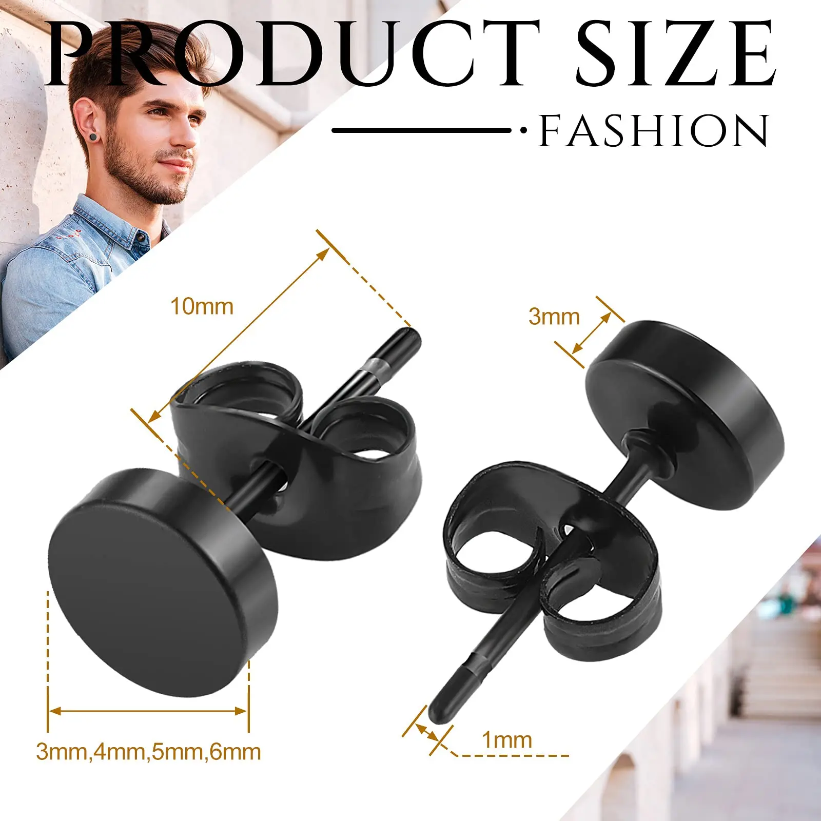 1 Pair Punk Stainless Steel Black Square Studs Earrings Round Fake Cartilage Ear Studs CZ Inlaid Piercing Earrings Set