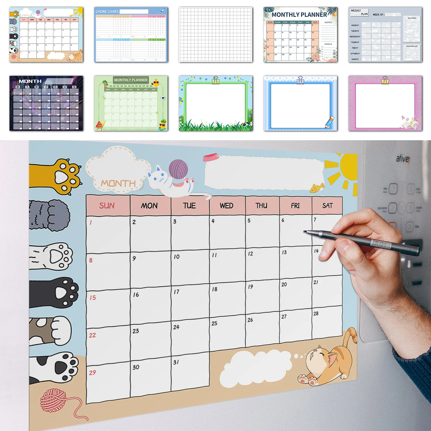 Magnetischer Kühlschrank-Monatsplaner 40x30cm, trocken abwischbarer Whiteboard-Kalender mit Markern und Radierer für Familienplanung
