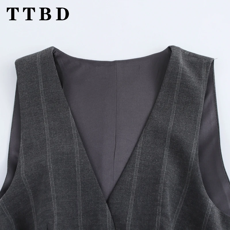 TTBD 2024 New Summer Woman Casual Single-breasted Striped Dress Pleated Skirt Female Fashion V-Collar Sleeveless Top Mini Skirt