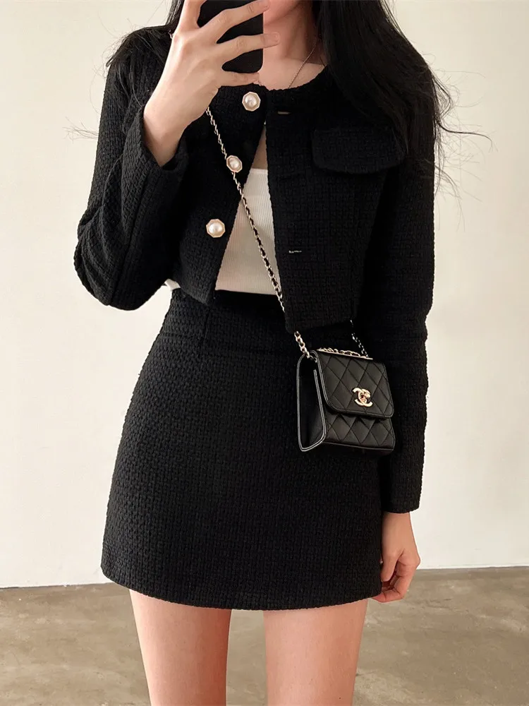 

Womens Outfits 2024 Autumn Long Sleeve Korean Fashion Tweed Two Piece Set Short Jacket + A-line Mini Skirt Suits Vintage 2PCS