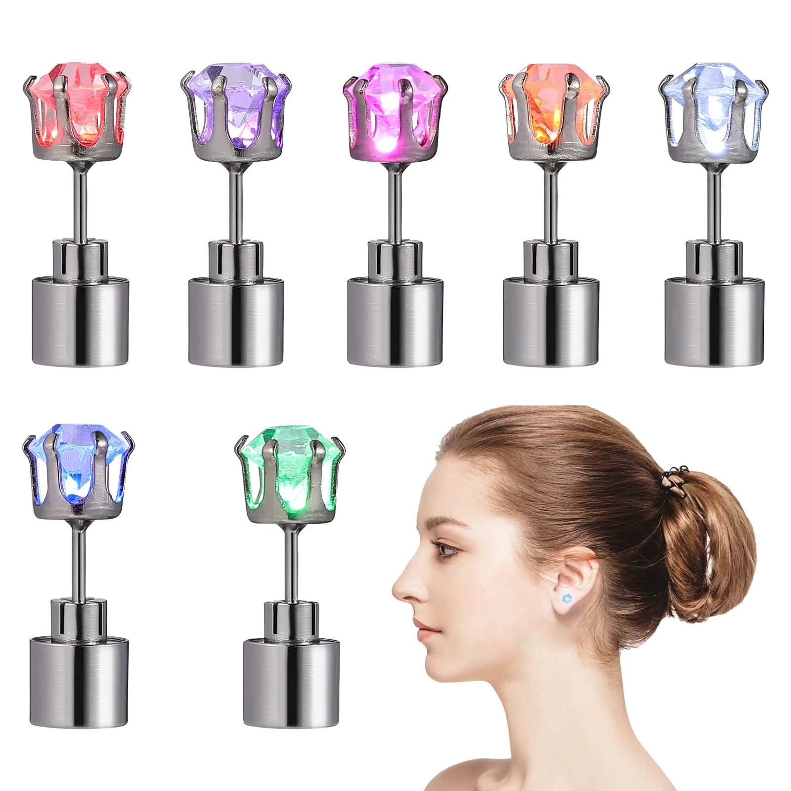 

7pcs Led Ear Studs Light Up Glowing Flashing Stainless Steel Earrings For Dance Party Night Out Outdoor Concert Unisex