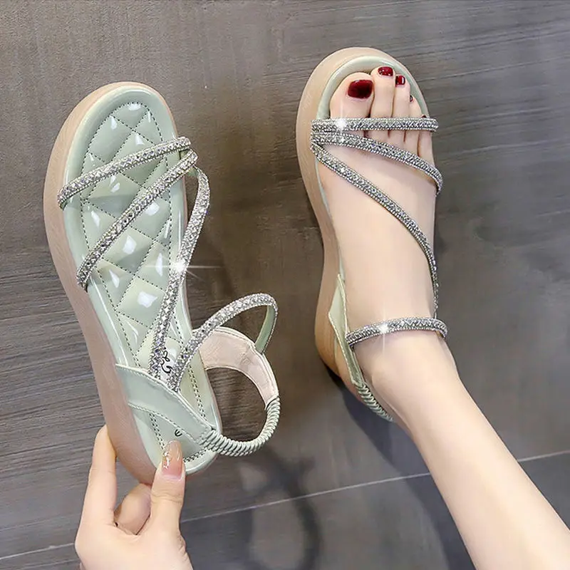 Flat-heeled Sandal Woman Rhinestone Sandals for Women Summer New 2024 Without Heel Elegant Roman Orthopedic Fashion Comfortable