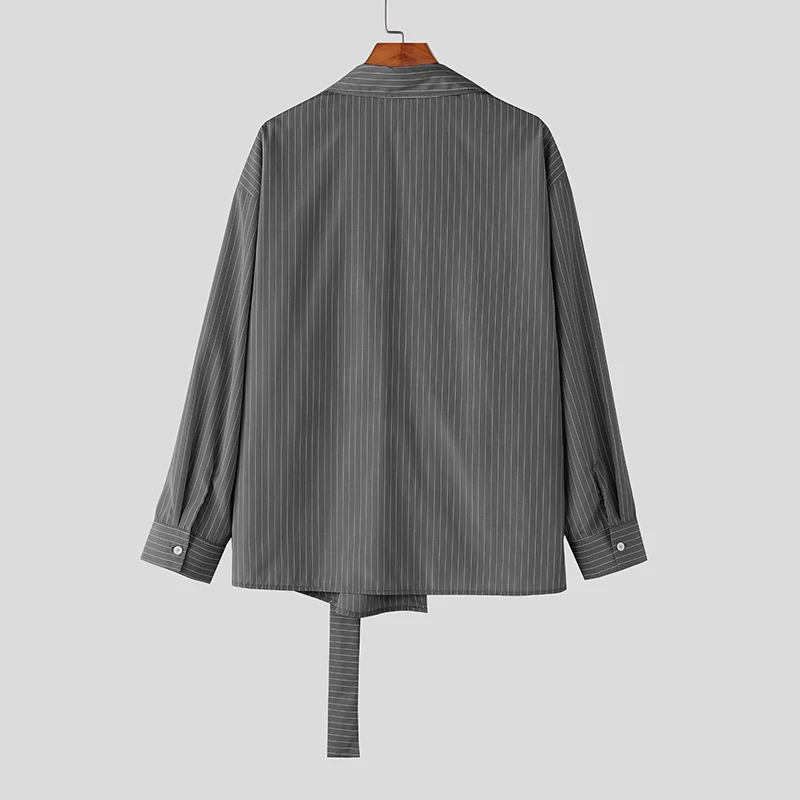 INCERUN قميص مخطط للرجال ذو طية صدر السترة وأكمام طويلة ملابس رجالية غير رسمية ملابس الشارع الكورية قمصان رجالية غير منتظمة عصرية كبيرة الحجم