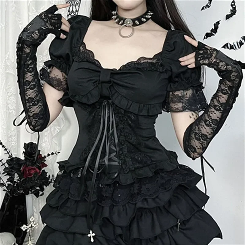 Black Solid E-girl Lace Patchwork Short Sleeve T-shirt Kawaii Bow Bandage Tops Mall Gothic Techwear Women Slim Alt T-shirts