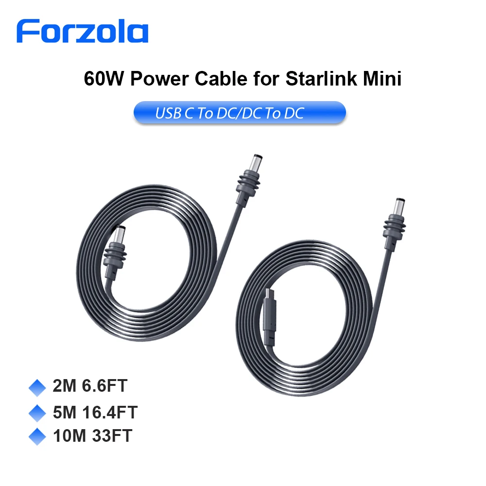 FORZOLA 3M 5M 10M 60W Flat Power Cord Cable For StarLink Mini USB C DC To DC Cable Replacement Waterproof Barrel Jack Charging