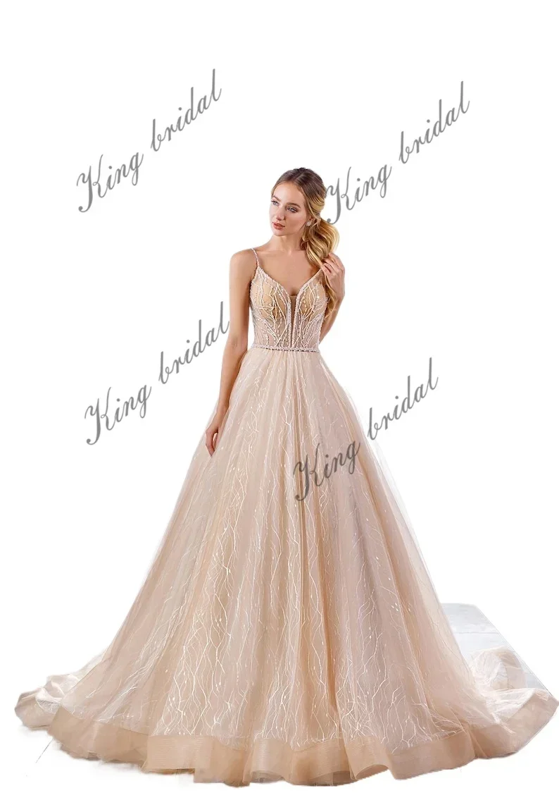 Gaun Pengantin Sederhana Gaun Pengantin Bordir Kristal Gaun Pengantin Model A-Line Berbahan Lace Tanpa Punggung Warna Nude Gaun Pengantin Custom