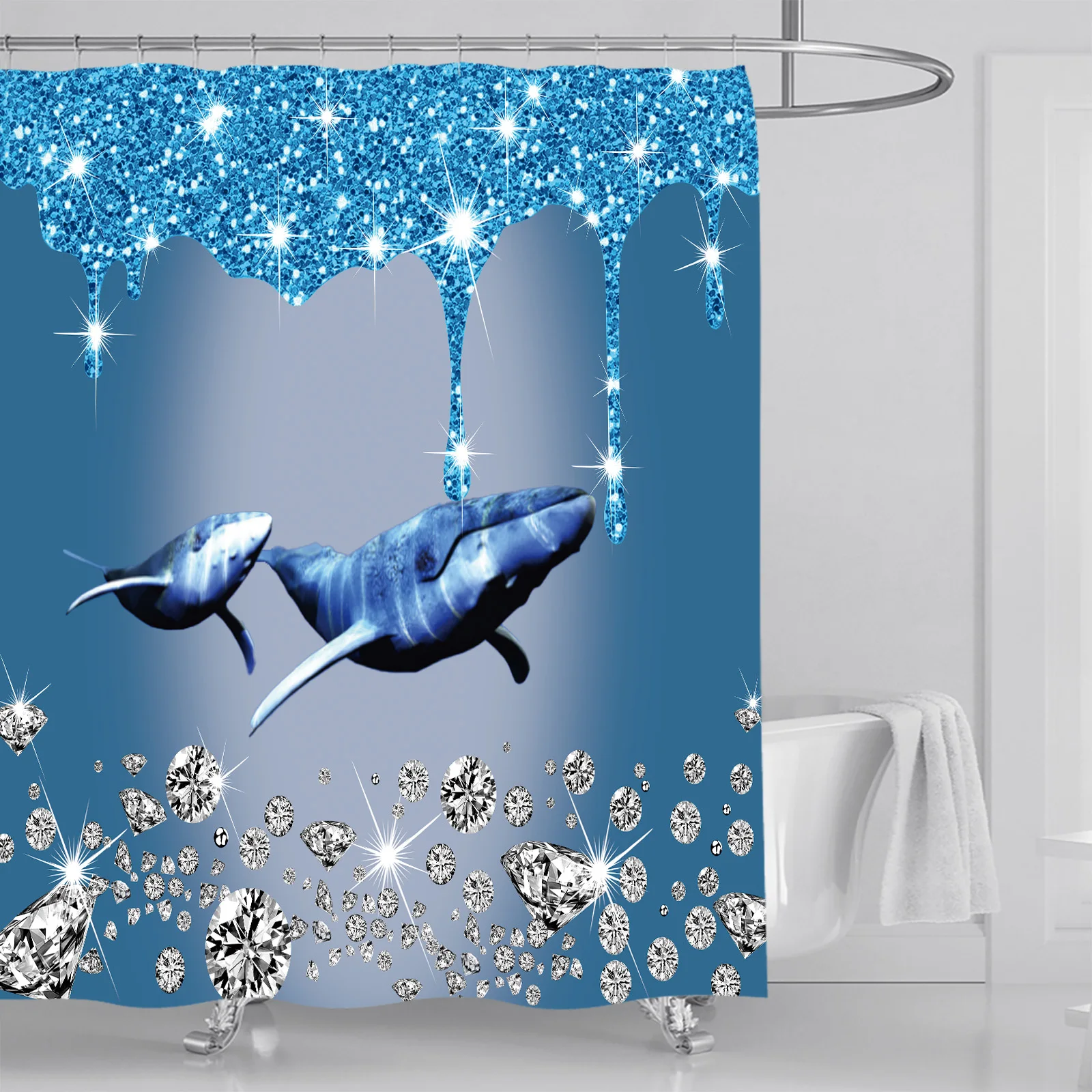 1PC/4PCS Bathroom shower curtain set, Blue Diamond Shark Shower curtain set, non-slip bath mat Shower curtain set with shower cu