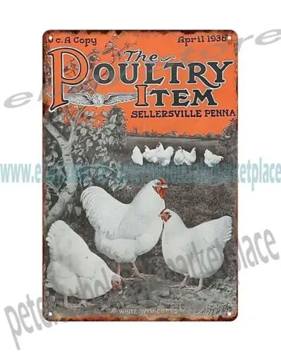 1938 POULTRY ITEM SELLERSVILLE Pennsylvania CHICKEN BREEDER tin sign retro signs