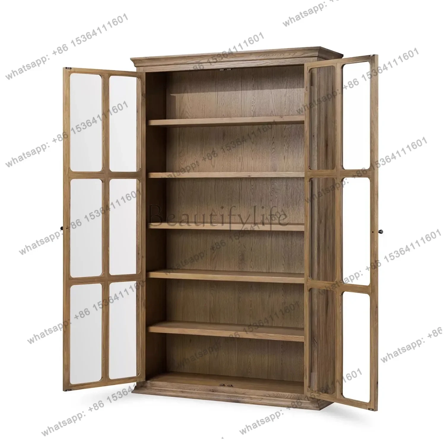 

American Style Solid Wood French Retro Wine Cabinet Living Room Glass Door Display Wall-Mounted Double Door Storage Cabinet