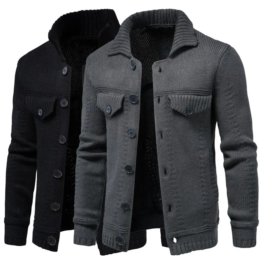 Suéter de punto para hombre, chaqueta cálida y más gruesa en invierno, cárdigan de manga larga, cárdigan de lana con solapa para hombre, ropa de