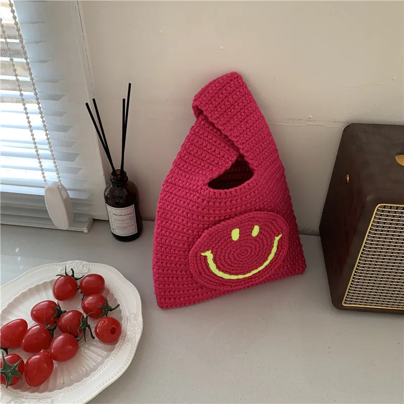 Hit Color Small Fresh and Cute Smiley Knitted Casual Purse Children\'s Clothing Daily Leisure Bucket Handle Tote Bag Vintage