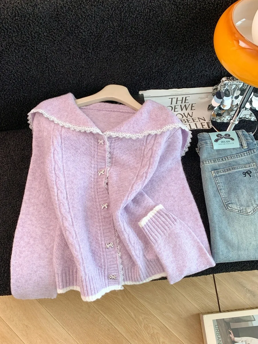 Thiened maglione cardigan aperto con colletto viola lavorato a maglia da donna autunno inverno Faion Lazy Sle Girls caldo lungo Sve Top