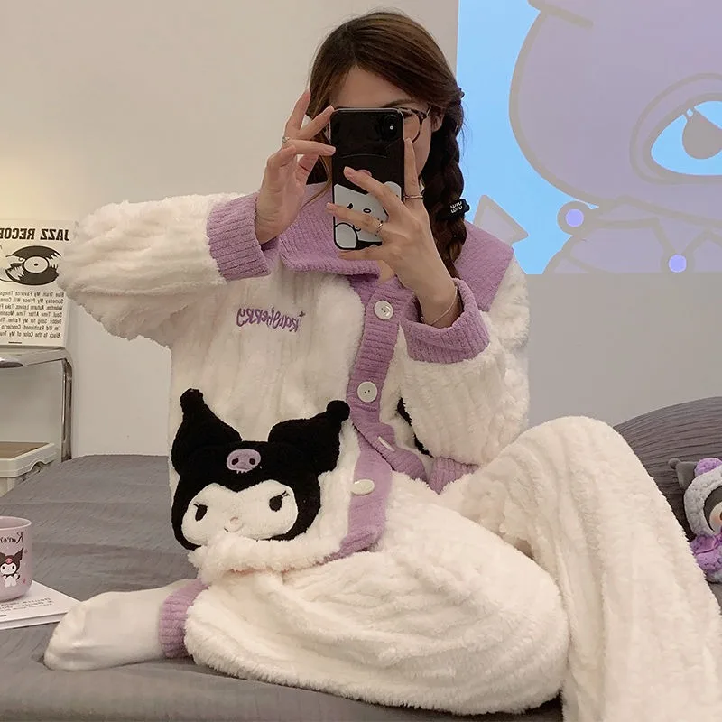 New Sanrio Kuromi kawaii pajamas for women autumn and winter coral velvet thickened large size fat MM home wear fashion set