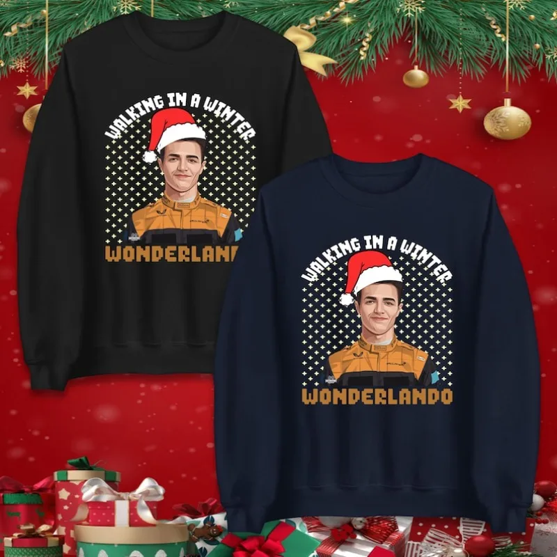 

Забавный рождественский свитшот Lando Norris Wonderland, зимняя пародия Wonderlando, рождественский джемпер, подарок гоночному фанату, зимняя термотолстовка