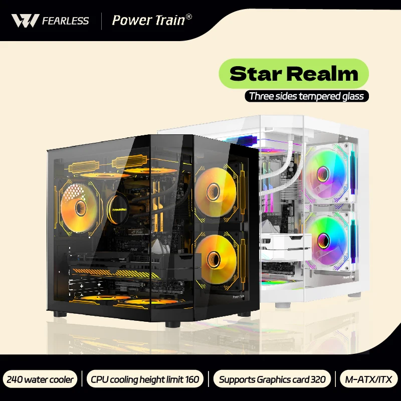 Power Train Star Realm M-ATX Desktop Case Three Sided Glass Panoramic Sea View Room Without Pillars 240 Water Cooler PC Case