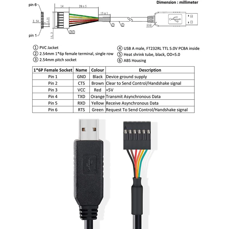 USB para TTL Serial 5V Cabo Adaptador, 0, 1 Polegada Pitch, Cabeçalho de soquete feminino, UART, IC, Chip FT232RL, Windows 10, 8, 7, 6 Pin