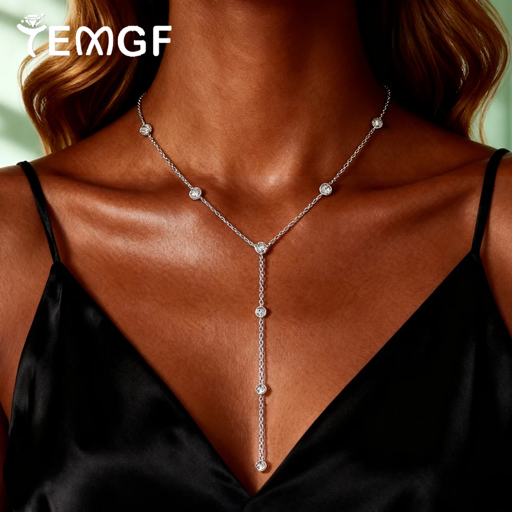 

TEMGF S925 Sterling Silver Necklace Unique Tassel Design 3mm Moissanite for Women Party Fashion Festival Love Gift Fine Jewelry