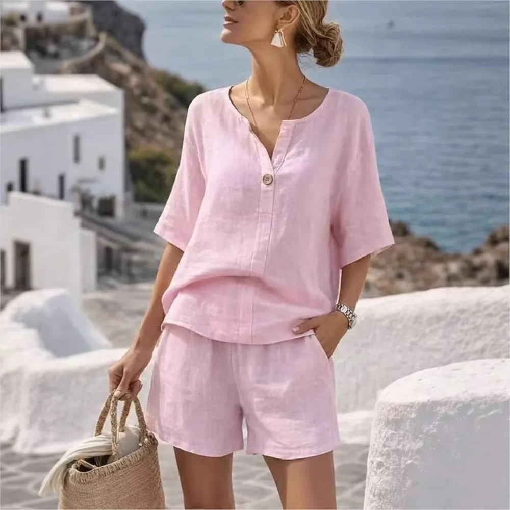 

Summer Cotton Linen Casual Short-sleeved Tops Women's Suit New Fashion Female Beach Vacation 5 Point Straight Shorts 2piece Set
