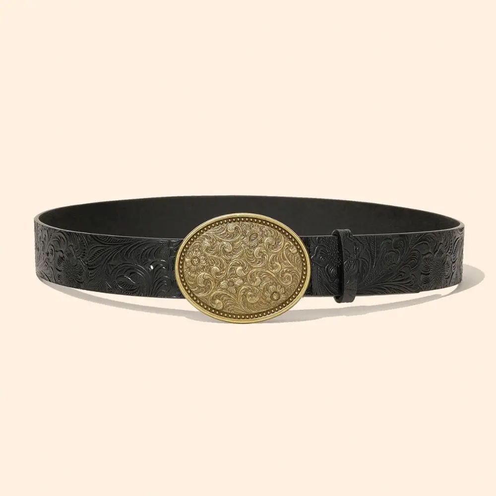Trendy PU Leather Western Cowboy Belt Retro Vintage Carved Buckle Embossed Belt Y2K Punk Rock Jeans Pants Belt For Man Women