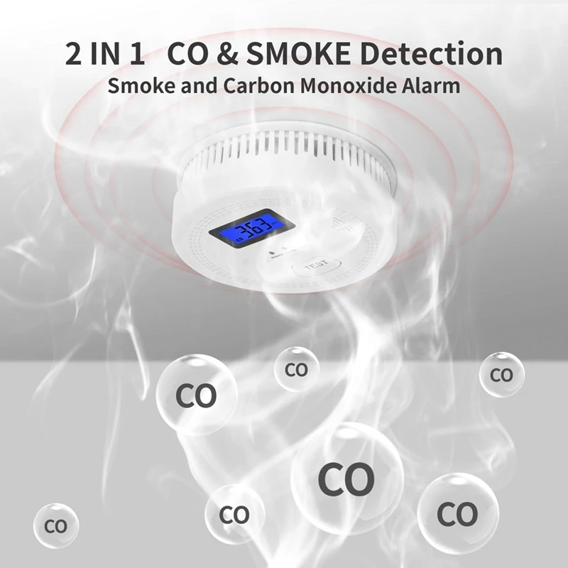 2 In 1 CO & Smoke Alarm Carbon Monoxide Detectors Smoke Detector 85DB In Alarm, For Home And Kitchen,LCD Screen,A