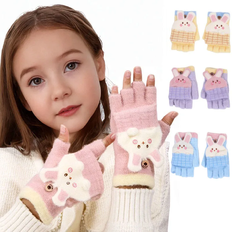 3-12 Years Kids Boys Girls Homework Gloves Cute Rabbit Ear Half Finger Flip Cover Winter Warm Gloves Knitted Cold-Proof Mittens