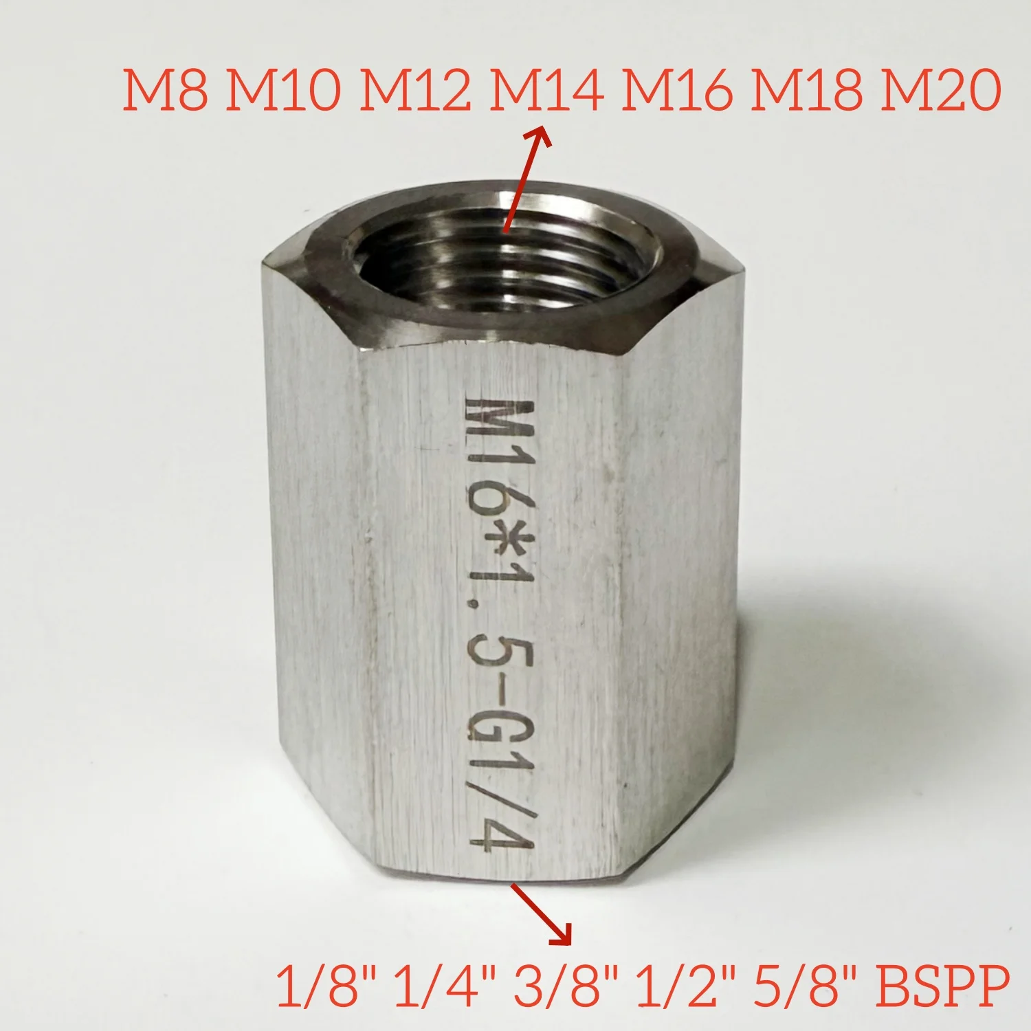 

1/8 "1/4" 3/8 "1/2" BSPP до M8 M10 M12 M16 M18 M20 Женский соединитель из нержавеющей стали 304 с шестигранной муфтой высокого давления