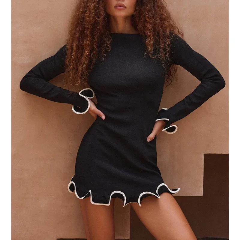 

Elegant Knitted Black Mini Dress Women Chic Long Sleeve Contrast Ruffles Pleated Hem Autumn Short Dresses O Neck Vestidos