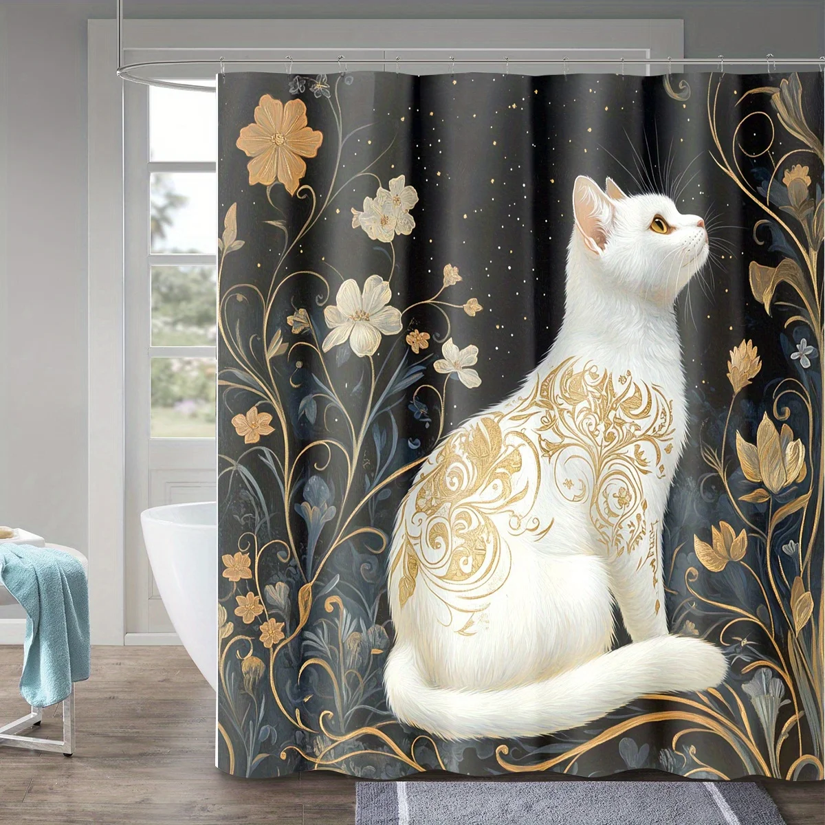 

1 Elegant white cat and floral digital print shower curtain, machine washable, black background with gold and cream accents