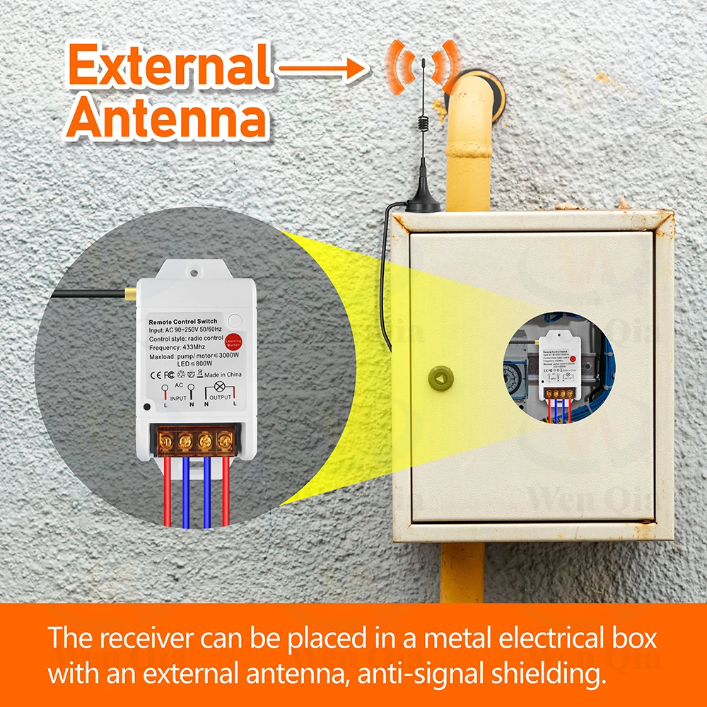 433Mhz Wireless Pump Remote Control Switch 110V 220V 30A RF Relay Module with External Antenna,1000m Transmitter,for Light/Motor