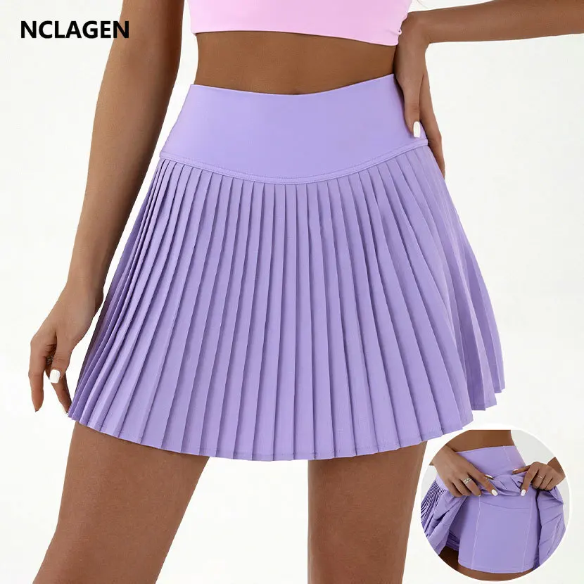 NCLAGEN Women's Pleated Tennis Skirt With Shorts High Waist Pocket Golf Skorts Leisure Fashion Fake 2 Pieces Sports Skirt