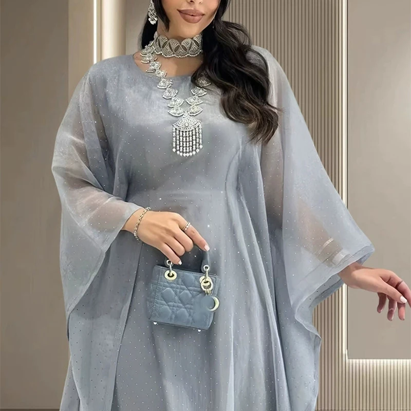 

Новое модное платье-халат 2026 года с рукавами-летучая мышь, прозрачное, со стразами, в стиле Дунфэн, роскошное, элегантное, для отдыха