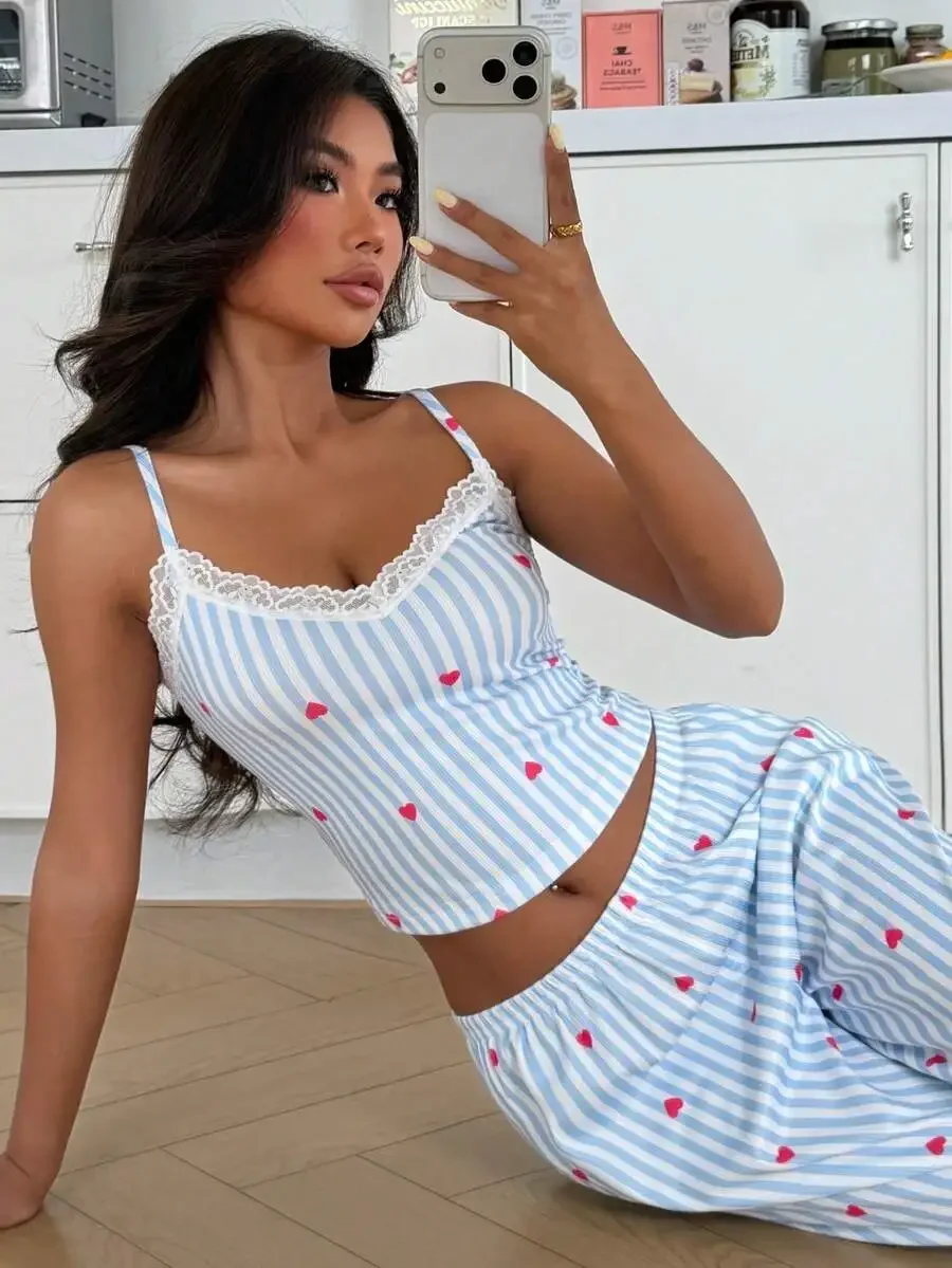 

Womens Blue And White Striped Heart Print Lace Trim V-Neck Camisole Pajama Set With Long Pants