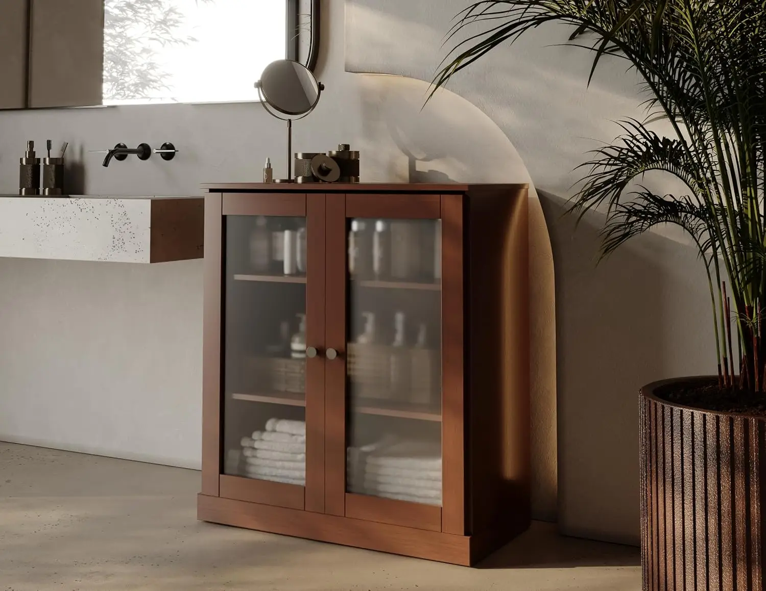100% Solid Wood Bathroom Cabinet Frosted Glass Doors Mocha 32