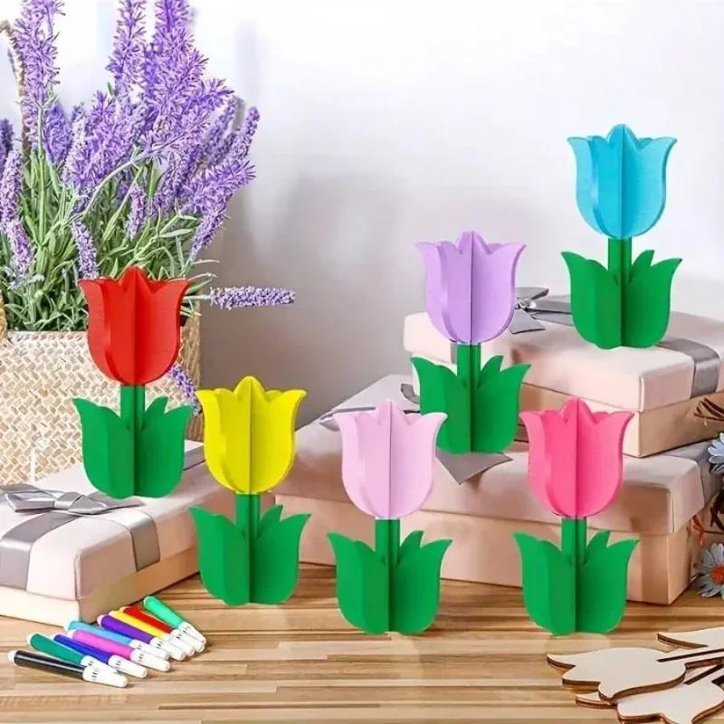 

16 наборов деревянных 3D-тюльпанов для сборки, поделок своими руками, неокрашенные деревянные заготовки для декора на Пасху, День матери, День отца