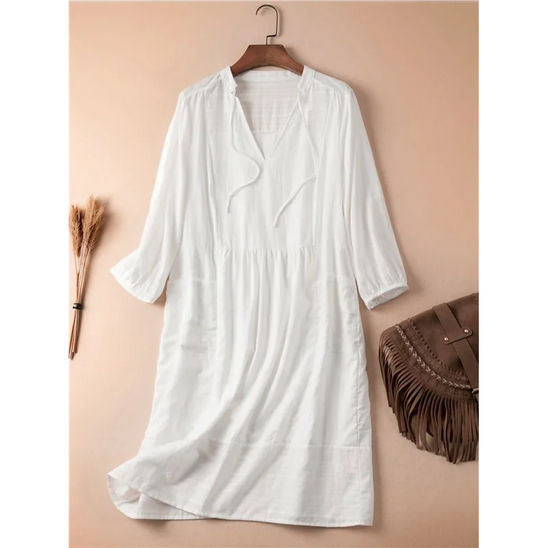 AOAO-Womens V Neck Cotton Casual Loose Shift Tunic Smock Summer Dresses Vacation Dress 3/4 Sleeve Pocket