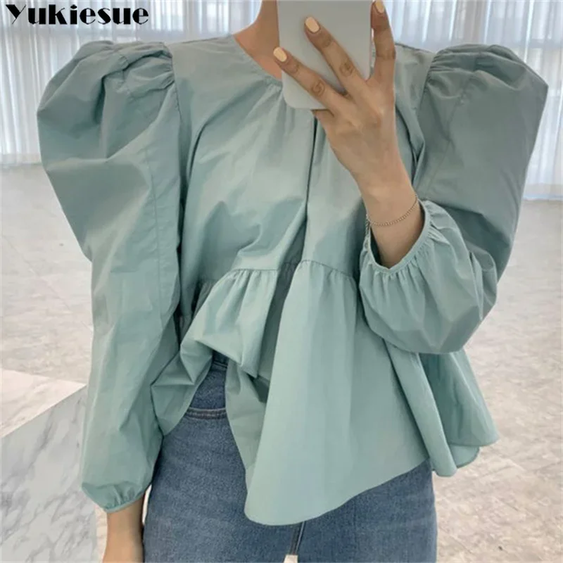 

Женские рубашки 2023, осень, новый стиль, повседневные свободные корейские рубашки с круглым вырезом, свободные универсальные однотонные рубашки с пышными рукавами