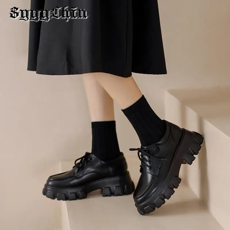 New Women Loafers Classic Platform Chunky Heel Black Ladies Pumps Female Mary Jane Derby Lolita Sweet Round Toe College Shoes